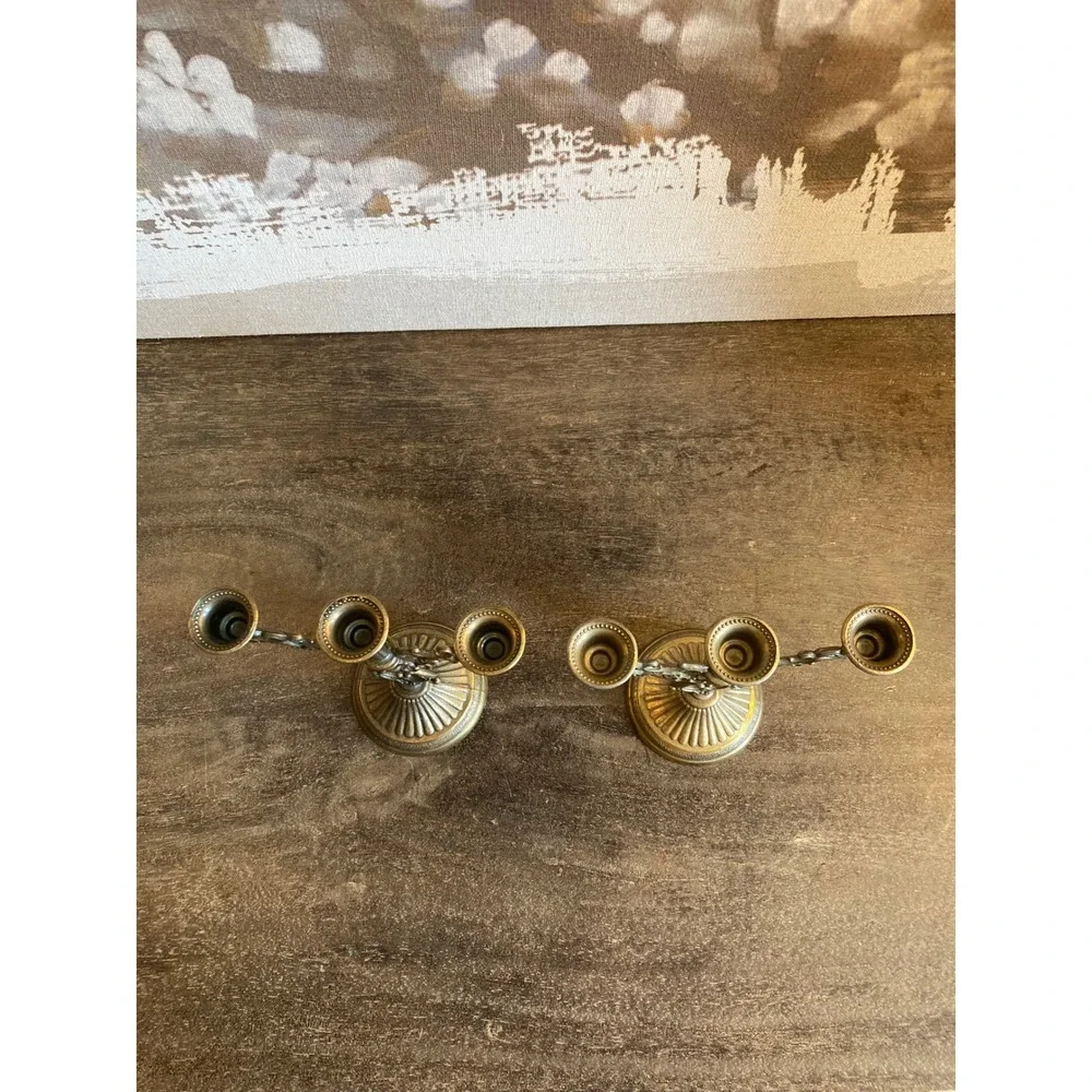 Vintage Brass 3 Arm Candelabra Pair Scroll French Baroque Taper Holders 6in